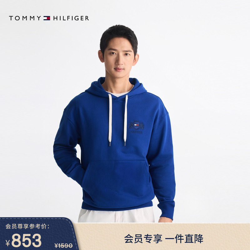 Tommy秋冬男纯棉斜纹徽章刺绣美式潮流复古宽松运动连帽套头卫衣
