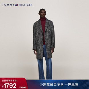 Tommy秋冬男装 翻领毛呢大衣外套 羊毛混纺人字纹商务休闲中长款