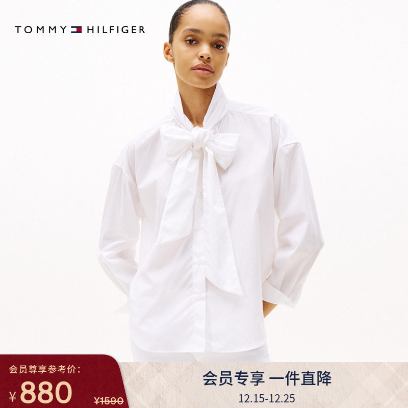Tommy25春夏新款女装气质休闲优雅纯棉蝴蝶结领宽松白色长袖衬衫