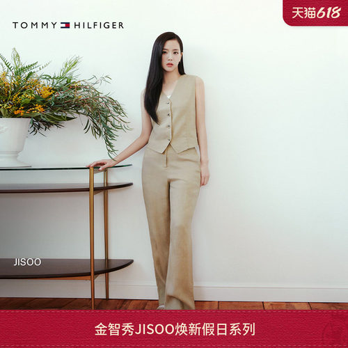 Tommy女亚麻混纺半松紧腰休闲裤