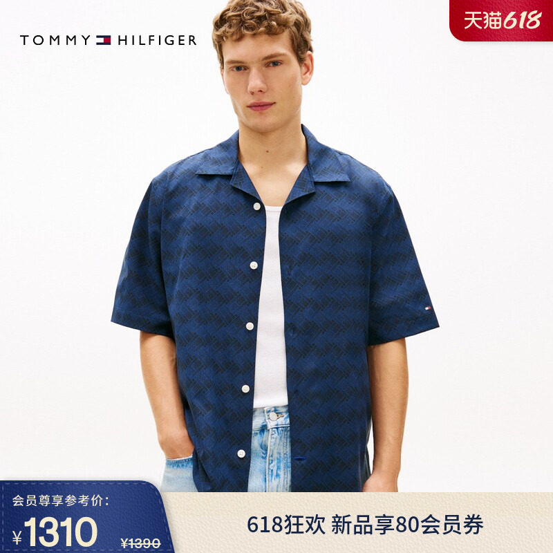 Tommy26春夏新款男装休闲度假风小隐格印花古巴领宽松短袖衬衫