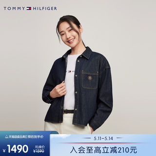 Tommy 24新款春夏女棉麻混纺刺绣贴袋落肩宽松原色牛仔衬衫41331