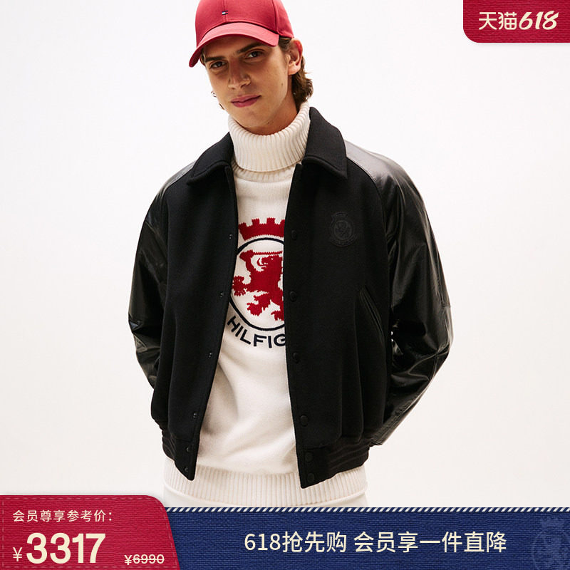 Tommy秋冬男女羊毛混纺牛皮拼接美式潮流宽松翻领棉服夹克外套