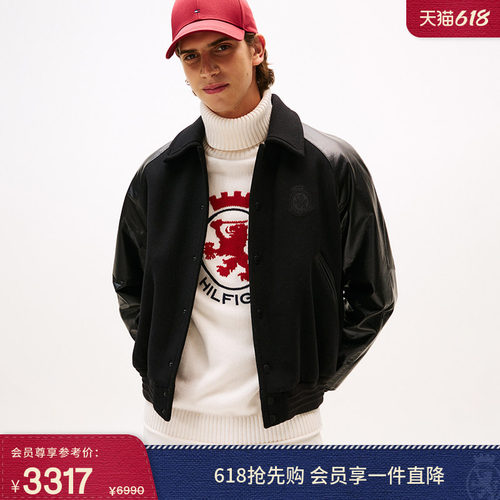 Tommy男装牛皮拼接翻领棉服夹克