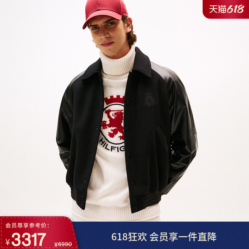 Tommy秋冬男女羊毛混纺牛皮拼接美式潮流宽松翻领棉服夹克外套