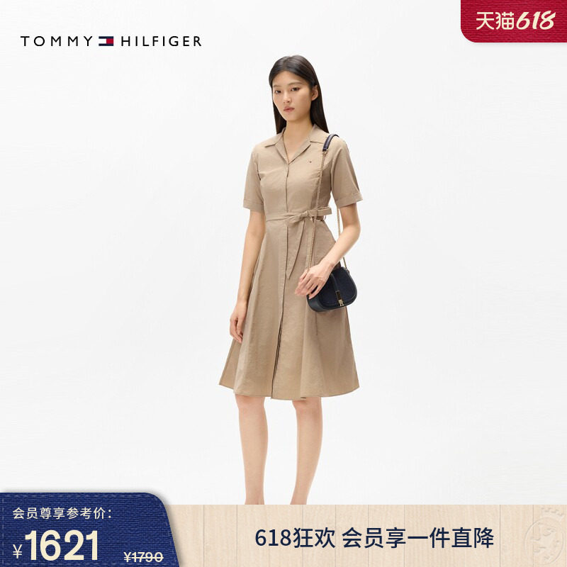 Tommy春夏女装气质通勤休闲古巴领系带收腰显瘦亚洲版衬衫连衣裙