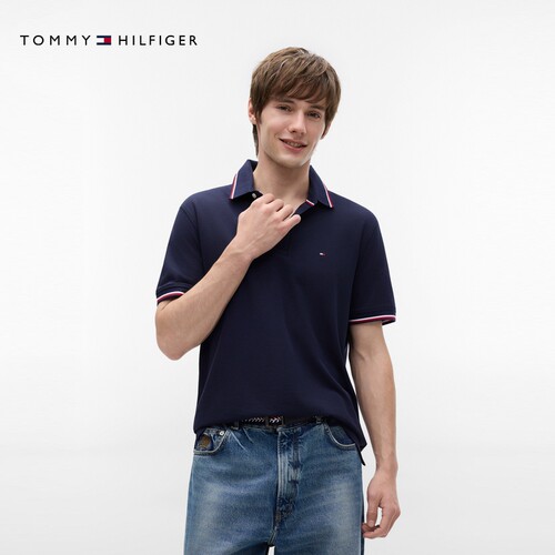 Tommy男装珠地网眼镶边短袖POLO