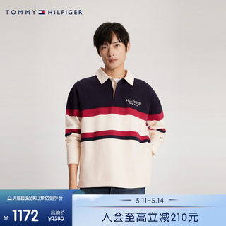 Tommy 24新款春夏男装纯棉学院条纹拼色刺绣翻领宽松卫衣33677