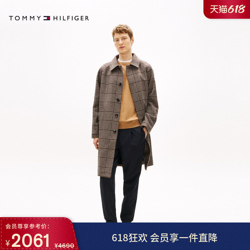 Tommy秋冬男装羊毛混纺复古商务通勤格纹宽松翻领中长大衣外套