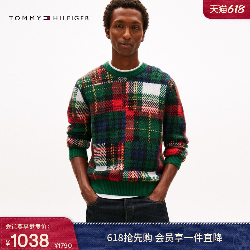Tommy26春夏新款男装羊毛混纺拼色格纹厚实圆领少年感针织衫毛衣