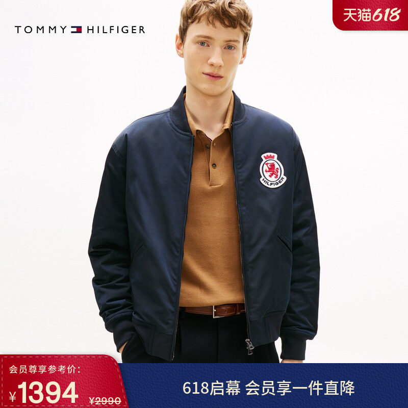 Tommy秋冬男女美式潮流徽章刺绣双拉链棒球领轻薄棉服夹克外套