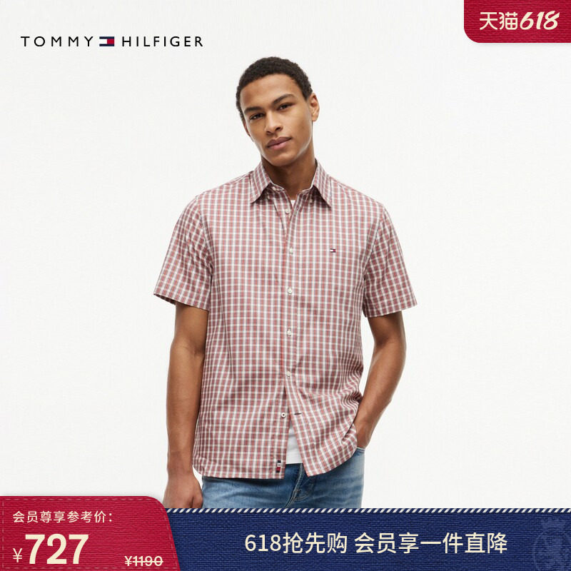 【牛津纺】Tommy26春夏新款男装纯棉休闲通勤拼色小格纹短袖衬衫