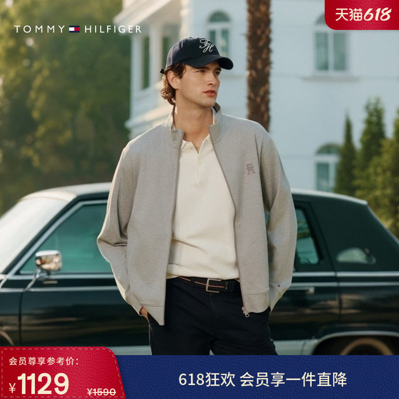 【防泼水】Tommy26春夏新款男装纯棉双面布植绒字母开衫卫衣外套