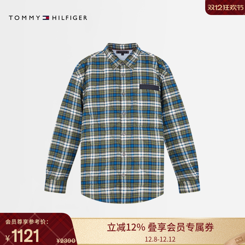 Tommy男装格纹绗缝轻薄翻领棉服