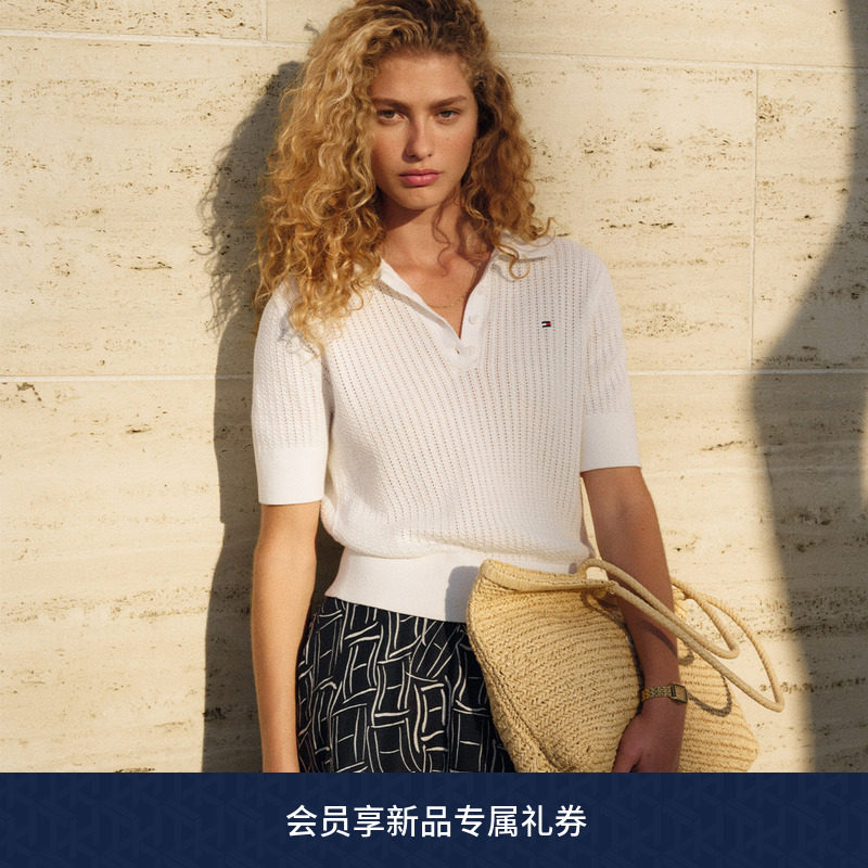 Tommy26春夏新款女装优雅通勤镂空绞花肌理短袖POLO领麻花针织衫