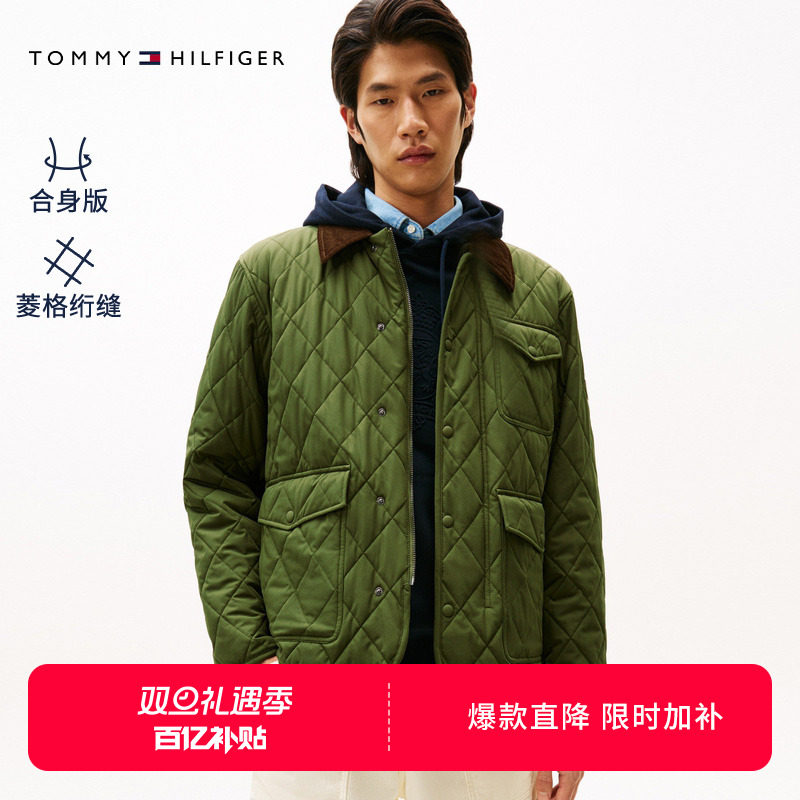 Tommy男装灯芯绒翻领菱格棉服