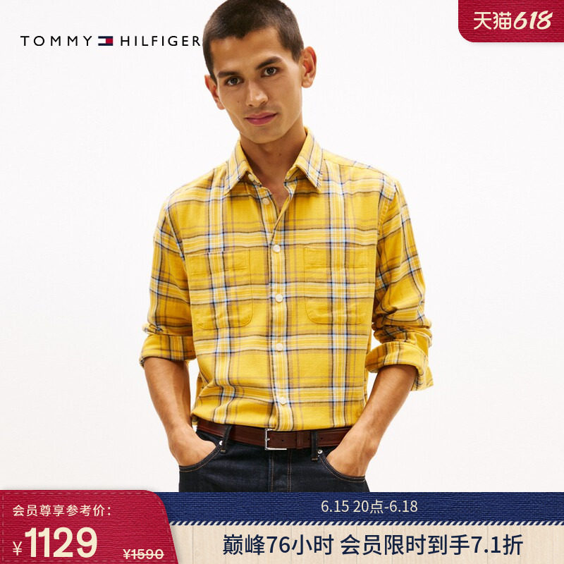 Tommy26春夏新款男装纯棉斜纹复古休闲通勤宽松格子长袖衬衫外套