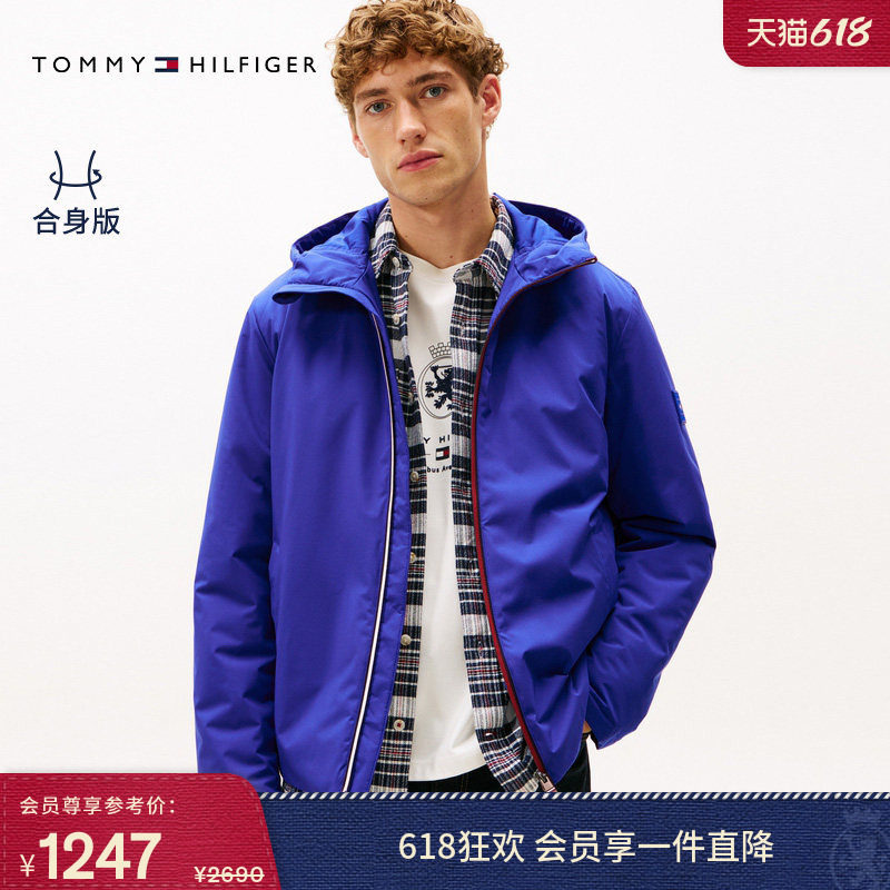 Tommy秋冬男装商务户外潮流休闲通勤撞色门襟连帽棉服夹克外套