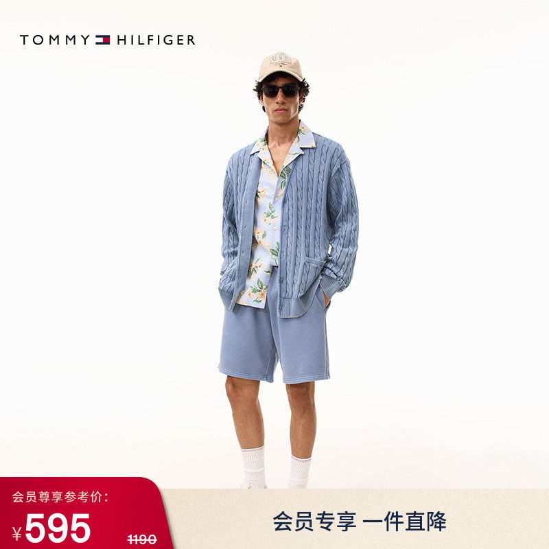 Tommy春夏男装纯棉双面平纹针织抽绳腰做旧休闲宽松篮球运动短裤