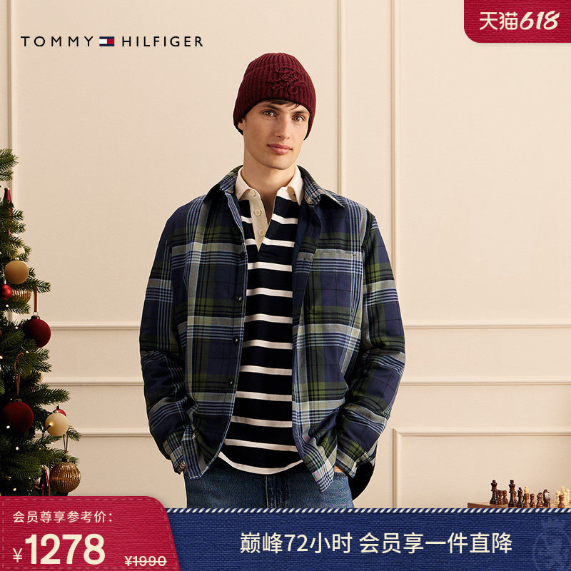Tommy26新款男装斜纹潮流美式复古休闲宽松格子长袖夹棉衬衫外套