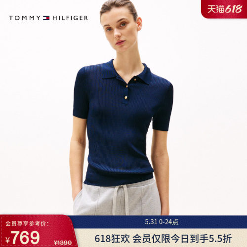 Tommy女装金属扣POLO短袖针织衫