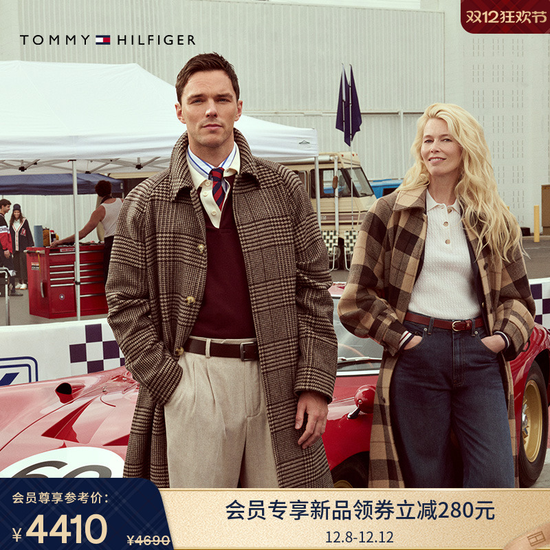 Tommy男装羊毛混纺格纹宽松大衣