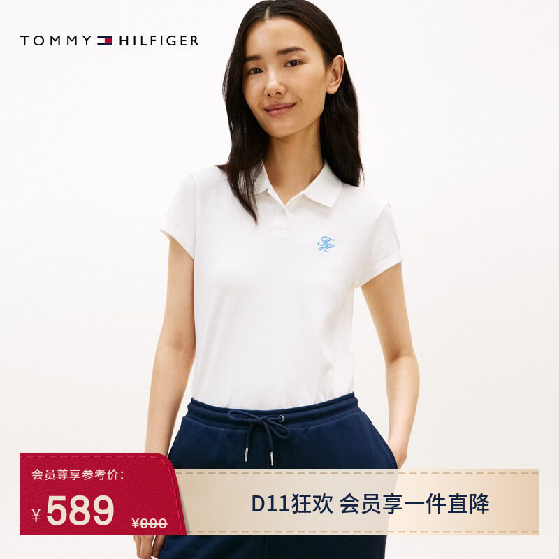Tommy26春夏女装珠地网眼优雅休闲通勤花体刺绣修身短袖T恤POLO衫