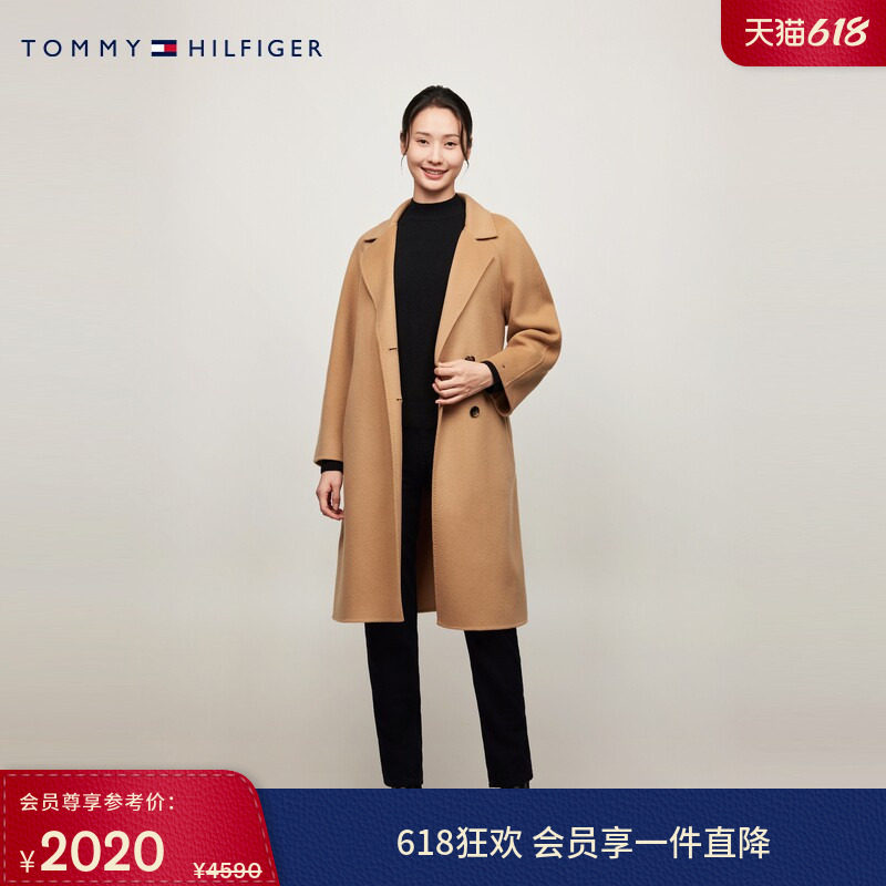 Tommy秋冬女装气质通勤收腰中长卡其色翻领羊毛羊绒毛呢大衣外套