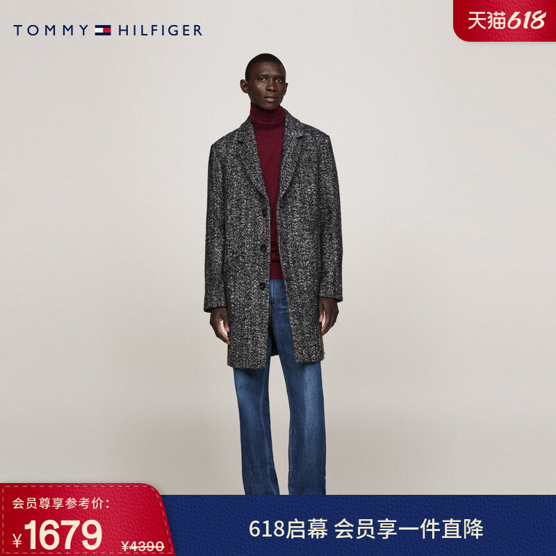 Tommy秋冬男装羊毛混纺人字纹商务休闲中长款翻领毛呢大衣外套