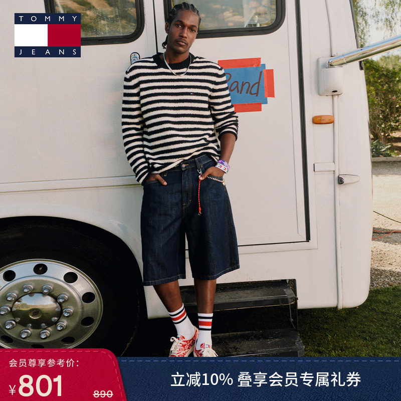 Tommy26秋冬新款男装棉亚麻混纺原色美式复古宽松直筒牛仔短裤