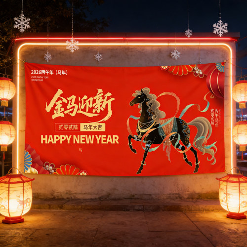 2026马年红色祥云纹春节背景布