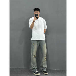 Three333 美式复古破洞牛仔裤男夏季薄款高街vibe裤子直筒微喇裤