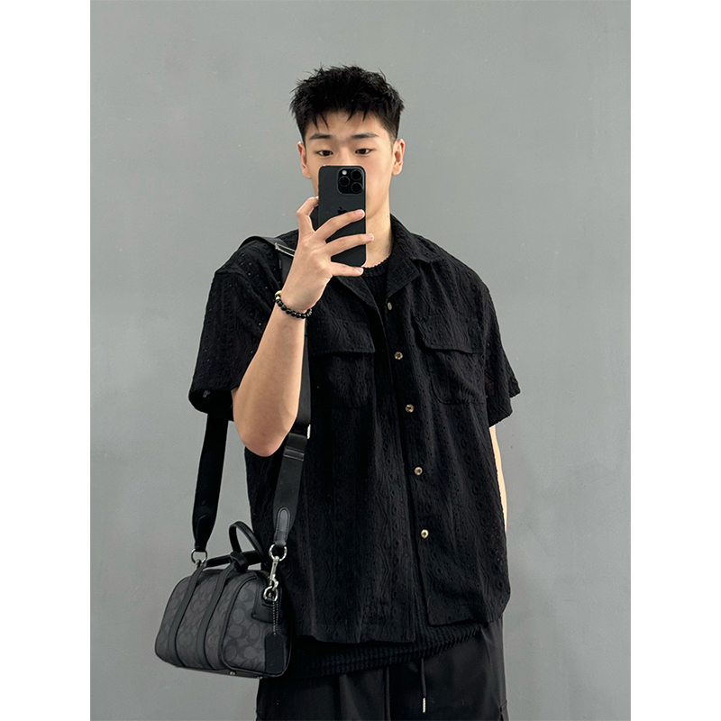 镂空短袖衬衫男夏季薄款短袖衬衫