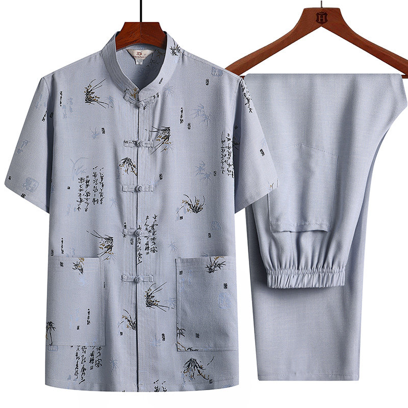 TANG SUIT MEN MIDDLE-AGED AND ELDERLY DAD SUIT SUMMER CASUAL GRANDPA COTTON AND LINEN CHINESE STYLE SHORT-SLEEVED TWO-PIECE SUIT HANFU