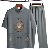 中老年人唐装 爷爷衣服复古晨练汉服 中国风套装 男冰丝短袖 爸爸夏装