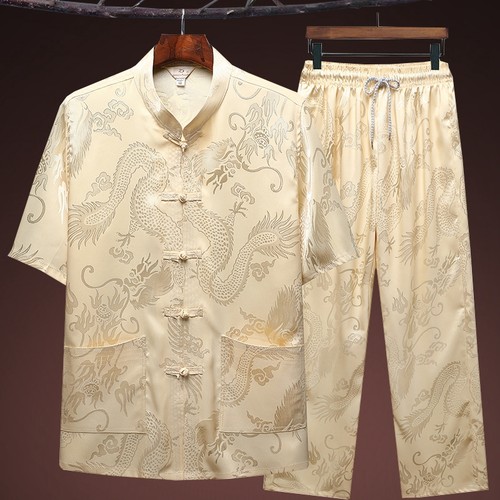 中老年人两件丝质衬衫晨练唐装