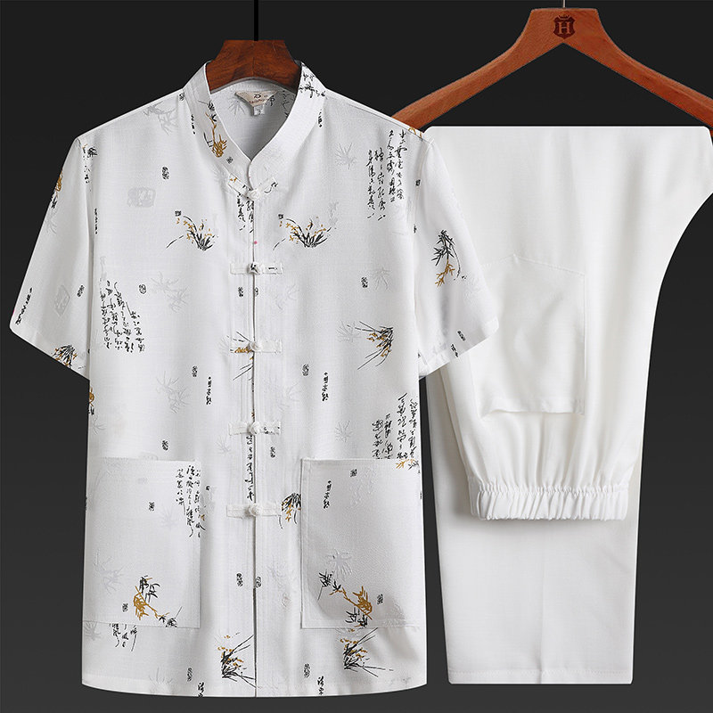 TANG SUIT MEN MIDDLE-AGED AND ELDERLY DAD SUIT SUMMER CASUAL GRANDPA COTTON AND LINEN CHINESE STYLE SHORT-SLEEVED TWO-PIECE SUIT HANFU