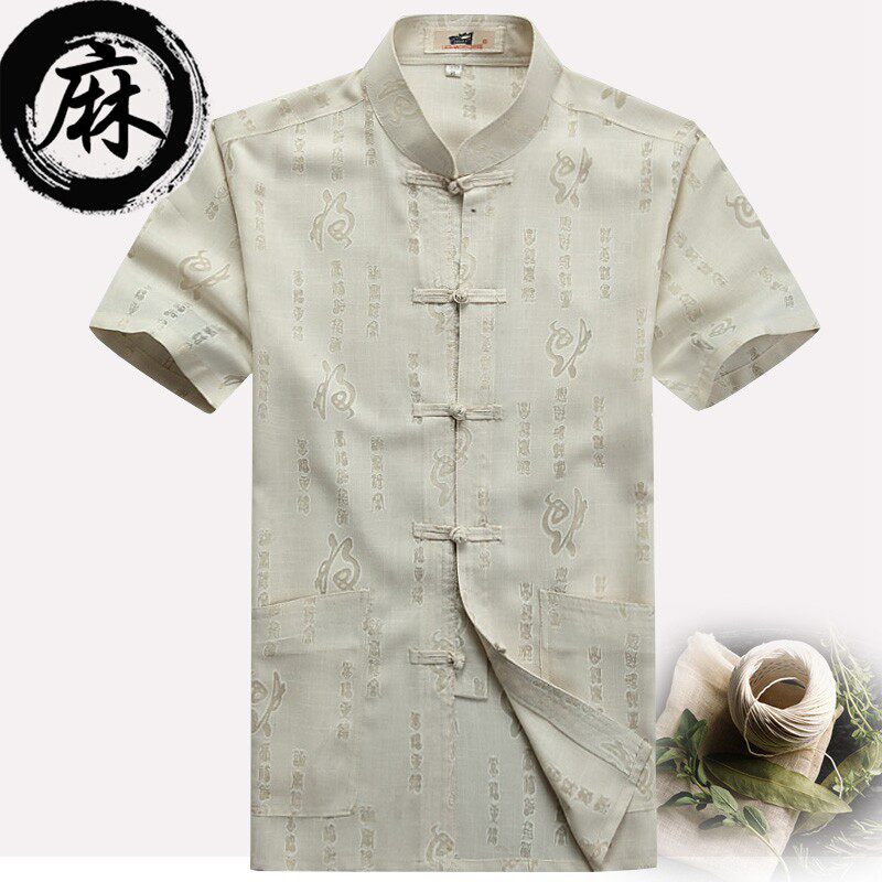 男士唐装夏季短袖老人衣服爷爷装棉麻衬衫中老年人中国风爸爸夏装