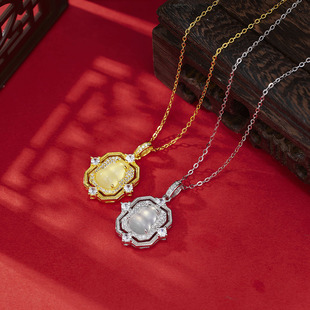 项链女s925纯银镀黄金色新款复古高冰白玉髓福禄葫芦吊坠锁骨链女