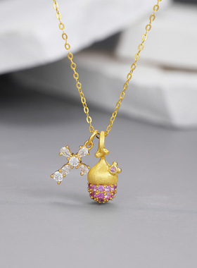 粉红镶钻小松果项链s925纯银镀黄金色十字架小松果轻奢女锁骨链子