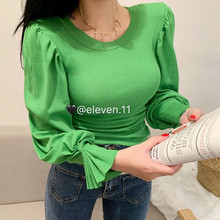 潮 显瘦长袖 t恤上衣女修身 打底衫 2019新款 韩版 气质百搭圆领泡泡袖
