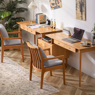 北欧樱桃木实木双人书桌家用简约橡木加长伸缩转角儿童写字电脑桌