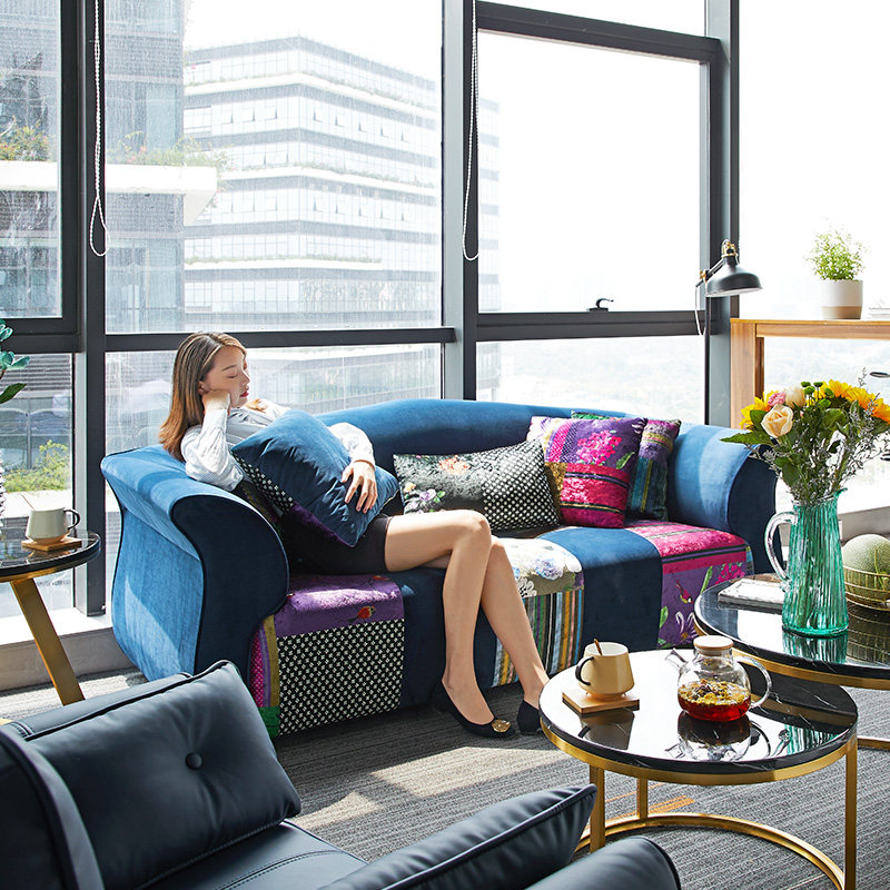 现代轻奢绒布沙发蓝色布艺沙发简约现代大小户型双人三人客厅家具