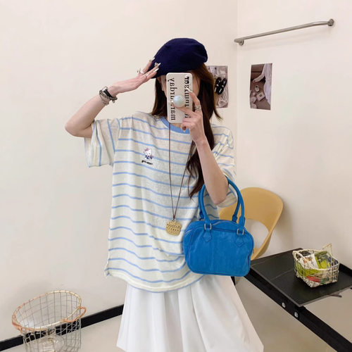 小清新撞色条纹卡通设计感圆领短袖女夏季宽松休闲大码胖mmT恤衫