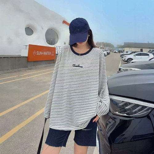 早秋撞色条纹慵懒风180斤大码胖mm打底衫松弛感显瘦圆领长袖T恤女