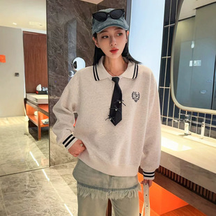 学院风翻领韩版卫衣女2026秋季新款时尚高级感宽百搭甜美领带卫衣