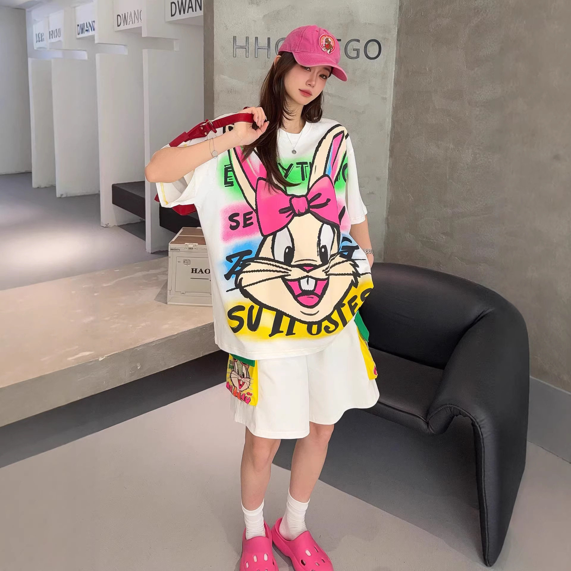 夏季趣味个性卡通减龄大码胖mm宽松休闲时尚短袖长裤两件套装女