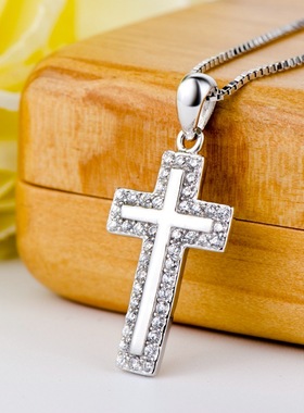 S925纯银镀白金十字架项链吊坠