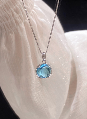 S925纯银海蓝宝项链女轻奢韩版in