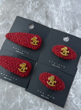 秋冬新年红色毛线小马发夹边夹侧边刘海夹bb夹鸭嘴夹发卡夹子头饰